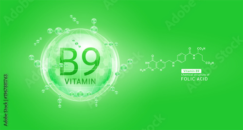 Green vitamin B9 complex solution in hexagonal dome with molecules. Chemical structure of Folic Acid. For cosmetic products ads or supplement. Medical health care skin protection. Vector EPS10.