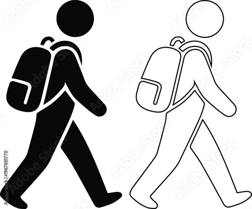 Minimalist black vector silhouette and line art icons of a person walking with a backpack, representing a student going to school, a tourist on a travel journey, and outdoor hiking.