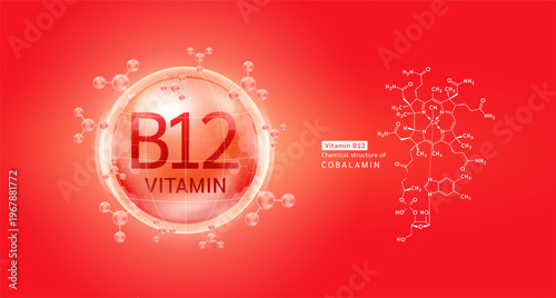 Red vitamin B12 complex solution in hexagonal dome with molecules. Chemical structure of Cobalamin. For cosmetic products ads or supplement. Medical health care skin protection. Vector EPS10.