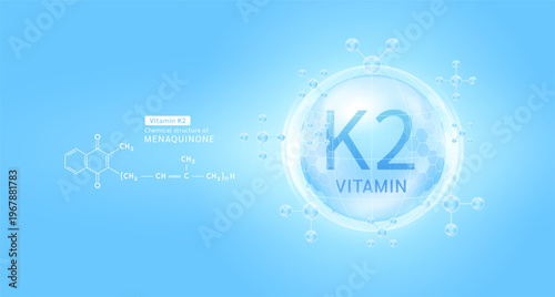 Blue vitamin K2 complex solution in hexagonal dome with molecules. Chemical structure of Menaquinone. For cosmetic products ads or supplement. Medical health care skin protection. Vector EPS10.