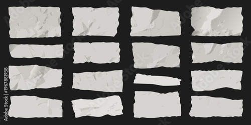 Collection of crumpled and torn white paper pieces on black background