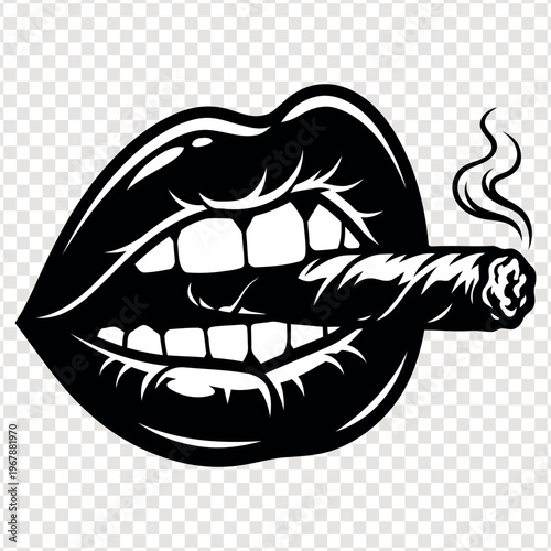 Stylized black and white illustration of luscious lips smoking a cigar with wisps of smoke