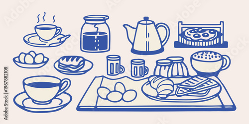 A charming blue line drawing of a delightful breakfast spread
