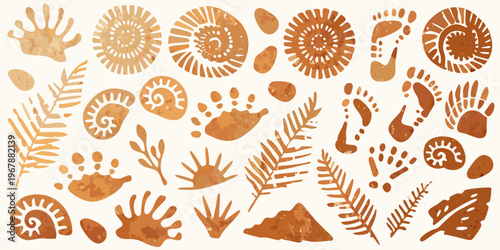 Watercolor painting featuring primitive handprints shells and botanical elements