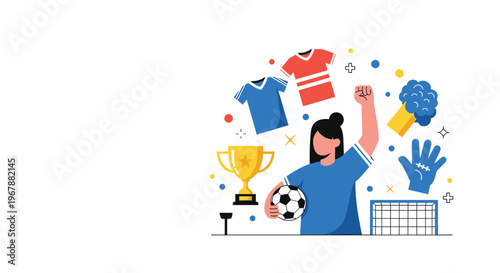 Female soccer player celebrating a victory with sports icons including a trophy soccer ball jerseys and a goal net.