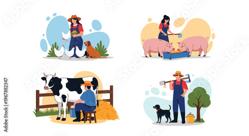 Set of illustrations featuring hardworking farmers caring for various farm animals like chickens pigs and a dairy cow.