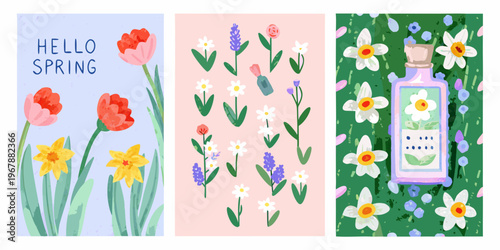 Floral spring greeting cards featuring tulips daisies and a perfume bottle