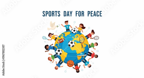 Dynamic illustration for a Global Sports Day for Peace, showing diverse children playing various sports around the world, symbolizing unity, friendship, and harmony