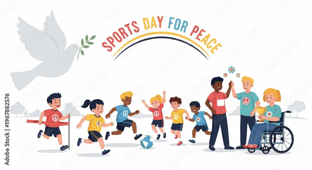 Fototapeta premium Children celebrating Sports Day for Peace with unity, sportsmanship, and inclusion symbolized by a dove and diverse participants