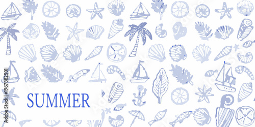 Blue watercolor pattern featuring seashells boats and summer elements