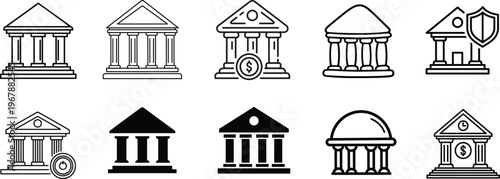 Classic bank icon set diverse architectural designs representing financial institutions and banking services