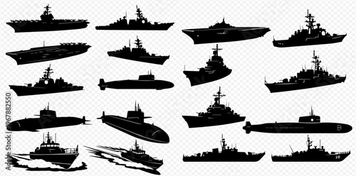 Set of various military ships and submarines silhouettes on transparent background, showcasing different types of naval vessels for warfare and defense.