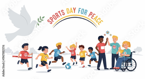 Children celebrating Sports Day for Peace with unity, sportsmanship, and inclusion symbolized by a dove and diverse participants