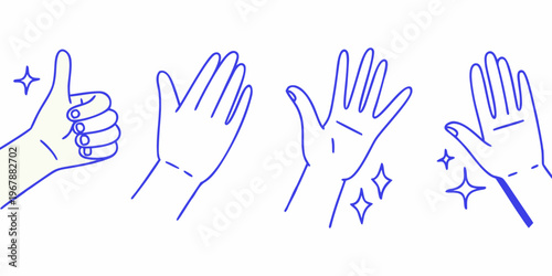 Four hand illustrations with varying gestures and sparkling details