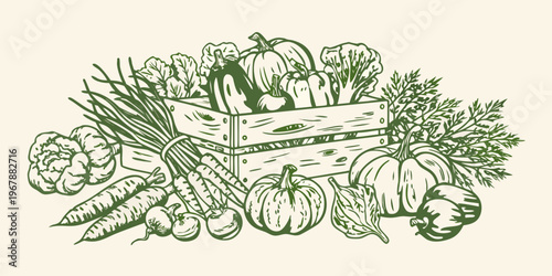 A bountiful harvest of fresh vegetables overflows from wooden crates