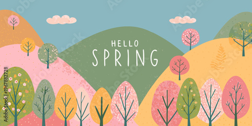 A colorful illustrated landscape welcomes the arrival of spring