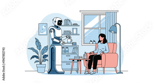 Humanoid domestic robot serving a drink to a woman sitting on a sofa in a modern smart home environment.