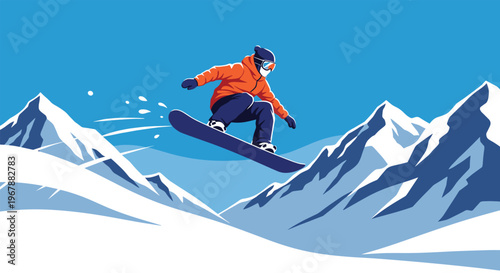 Snowboarder in a bright orange jacket performing a jump across snowy mountain peaks under a clear blue sky.