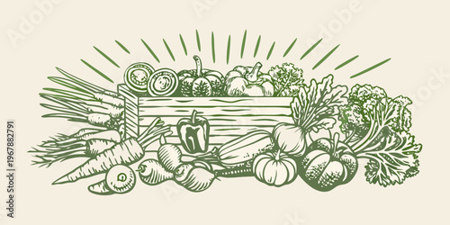 Abundant harvest of fresh vegetables overflowing from a wooden crate