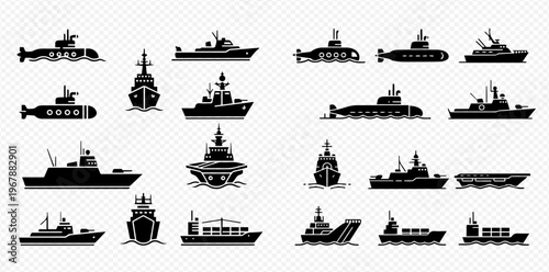 Set of various black silhouettes of naval ships, submarines, and cargo vessels on a transparent background.