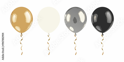 Four balloons in gold white silver and black hues are displayed