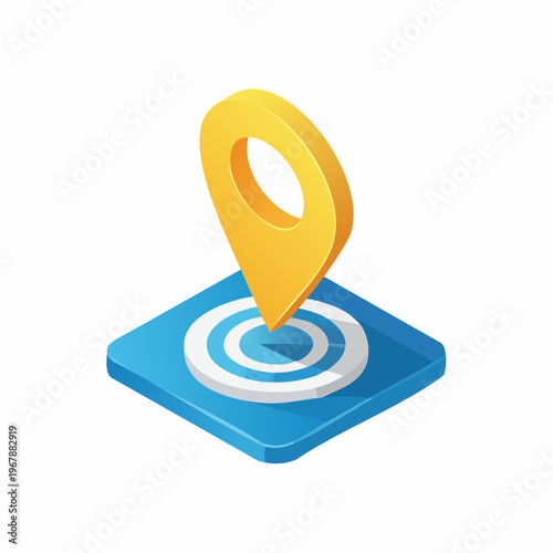 Isometric Yellow Location Pin Dropping on Blue Target Map Icon