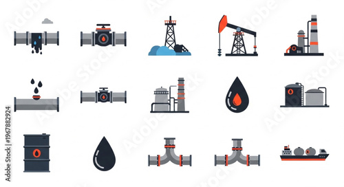 Oil and Gas Industry Icons - Production, Transportation, and Processing.