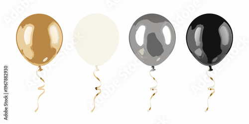 Four balloons in gold white silver and black shades isolated on white