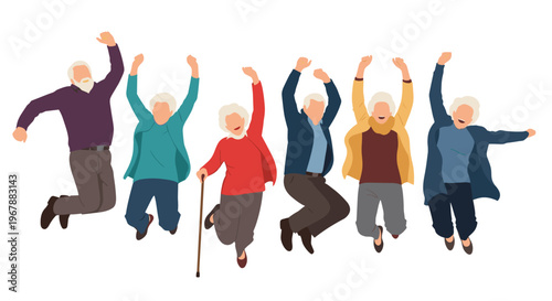 Group of diverse senior men and women jumping with joy to represent vitality health and happy retirement.