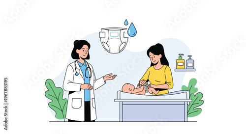Pediatrician providing advice to a mother while she changes her babys diaper on a medical changing table in a clinic.
