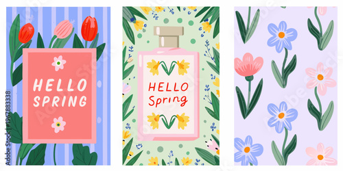 Three floral patterned panels with spring greetings and botanical designs