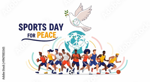 Vibrant vector illustration celebrating International Sports Day for Peace, depicting diverse athletes running together under a dove symbol of global unity
