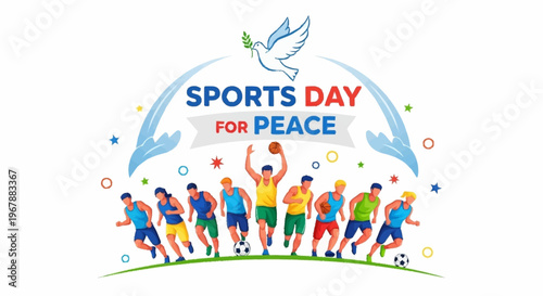 Vibrant vector illustration celebrating Sports Day for Peace, depicting diverse athletes engaging in sports to promote global unity, friendship, and healthy competition