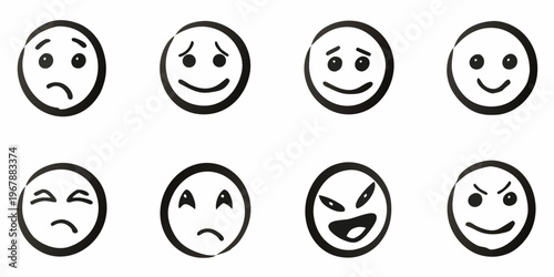 Collection of simple black and white face icons displaying various emotions