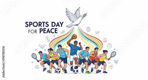 Sports Day for Peace Athletes Unite for Global Harmony with a Dove of Peace and Rainbow Symbolism