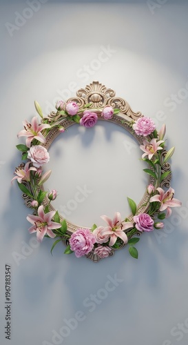 Elegant baroque circular frame adorned with delicate blooming flowers and green leaves, bathed in soft ethereal light on a plain background, isolated, minimalist, summer