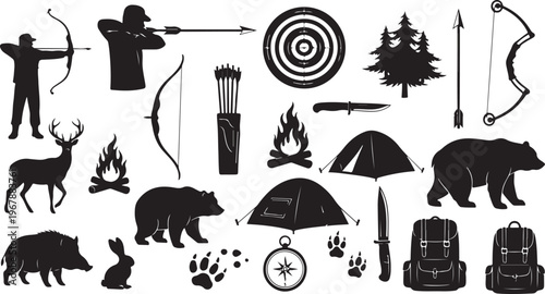 Camping and hunting icons in black and white color