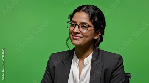 Smiling businesswoman in formal attire with glasses on green screen background