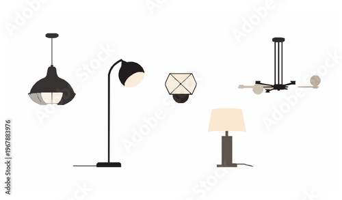 Modern lighting vector set with pendant, floor, table, wall and LED lamps for contemporary interiors
