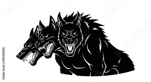 Fierce Three-Headed Dog Monster, Black Silhouette, Mythological Creature