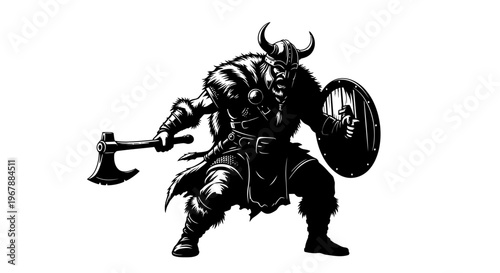 Fierce Viking Warrior with Axe and Shield, Silhouette
