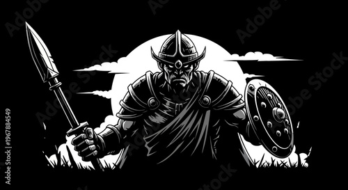 Fierce warrior with spear and shield, ancient battle, dark fantasy illustration