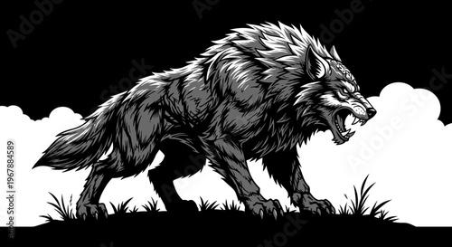 Fierce Wolf Illustration, Aggressive Howl, Monochrome, Dark Fantasy Art