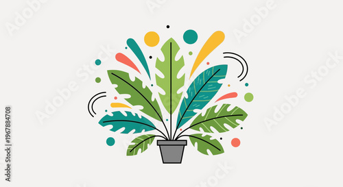 Green Potted Plant with Colorful Splashes and Dots - Vector Illustration
