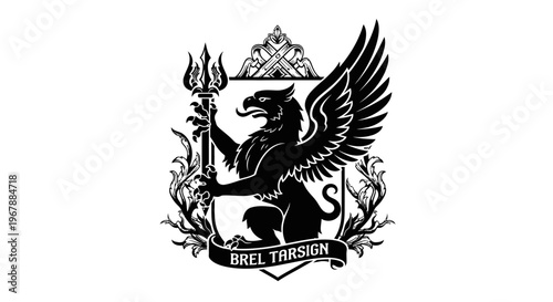 Griffin Crest Emblem with Trident and Laurel Wreath - Black and White