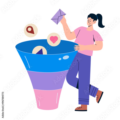A flat style illustration depicting marketing funnel