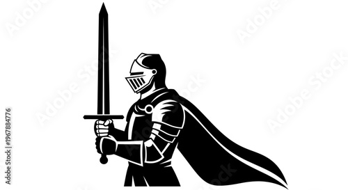 Knight Warrior Holding Sword, Medieval Armor, Black and White Vector Illustration