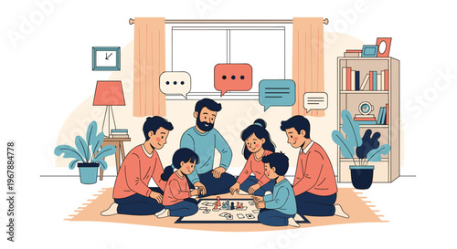 Happy family with several members sitting on a rug and playing a fun board game together in a cozy living room at home.