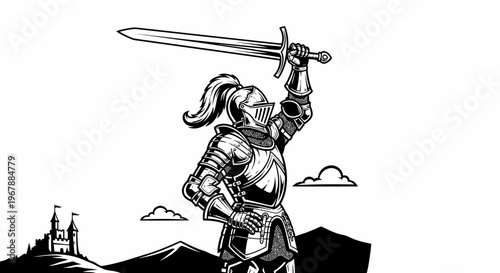 Knight in Shining Armor Holding Sword High, Medieval Castle Background, Victory