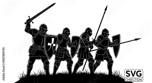 Cuadro en lienzo Knights in armor with swords and shields, ready for battle, medieval warriors